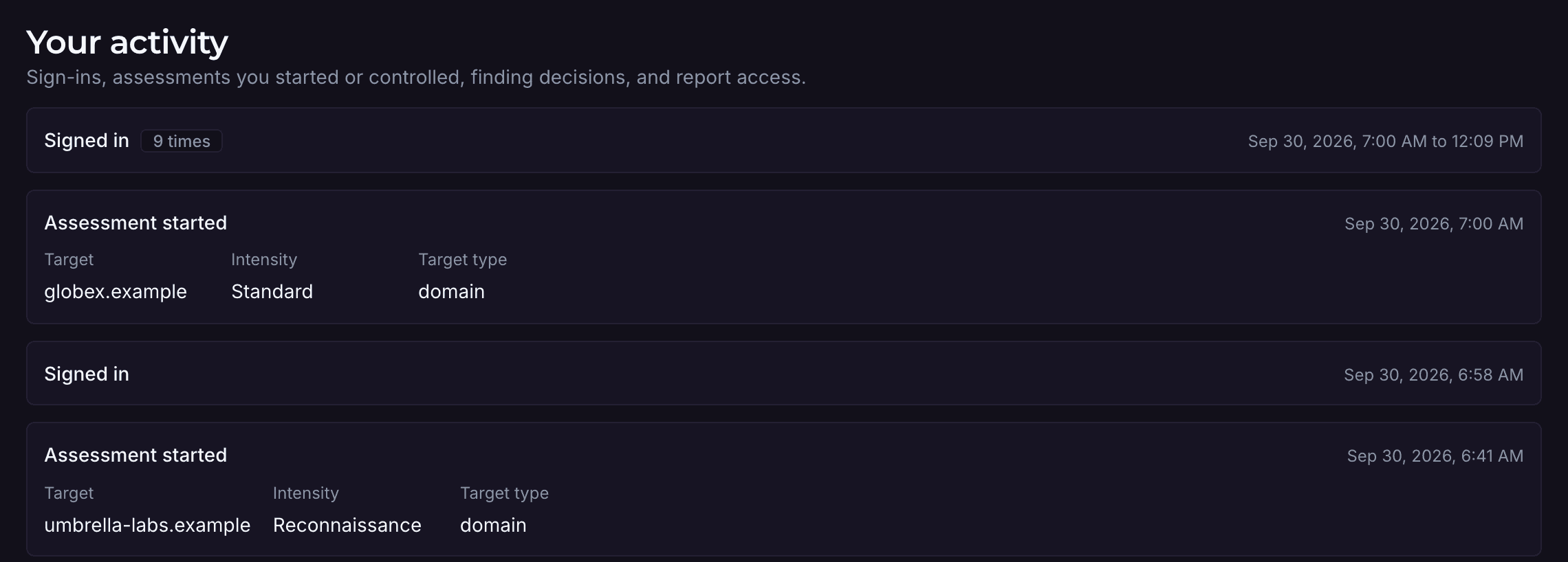 The activity list on AQIRA's Account screen: sign-ins and assessments started, each with its target, intensity and time.