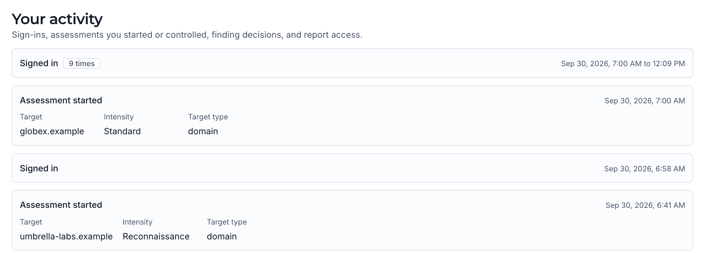 The activity list on AQIRA's Account screen: sign-ins and assessments started, each with its target, intensity and time.