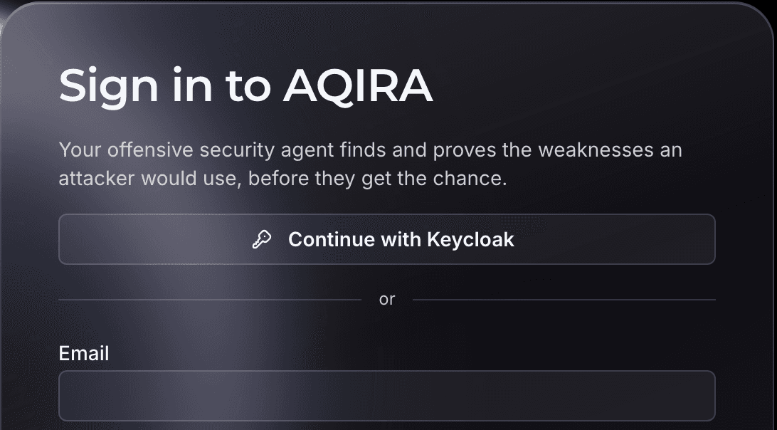 The AQIRA sign-in card with a Continue with Keycloak button for single sign-on above the email field.