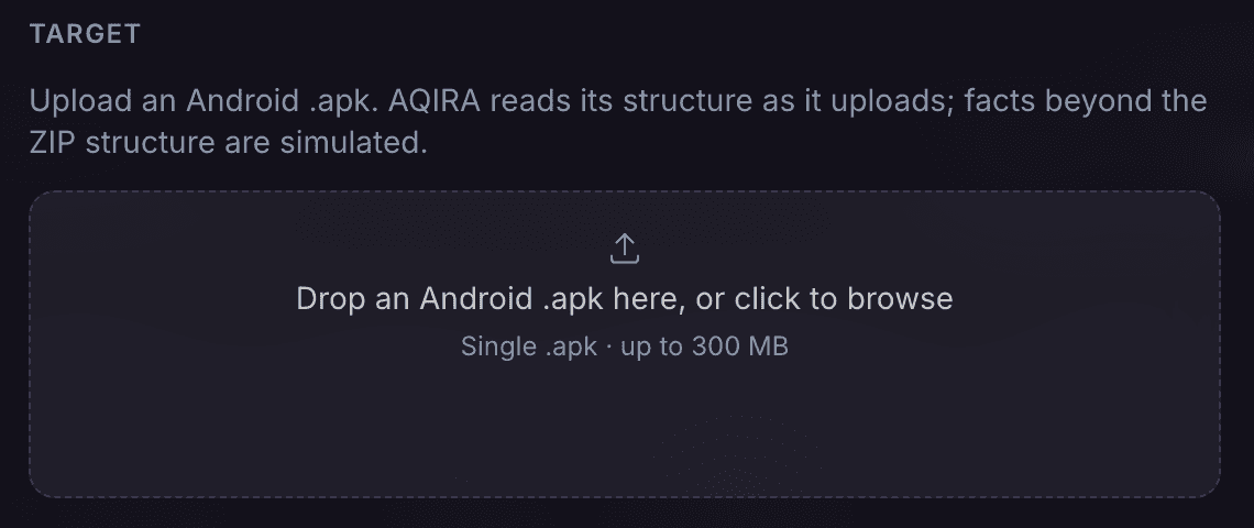 The Android package upload in AQIRA's New assessment dialog, which reads the package's structure as it uploads.