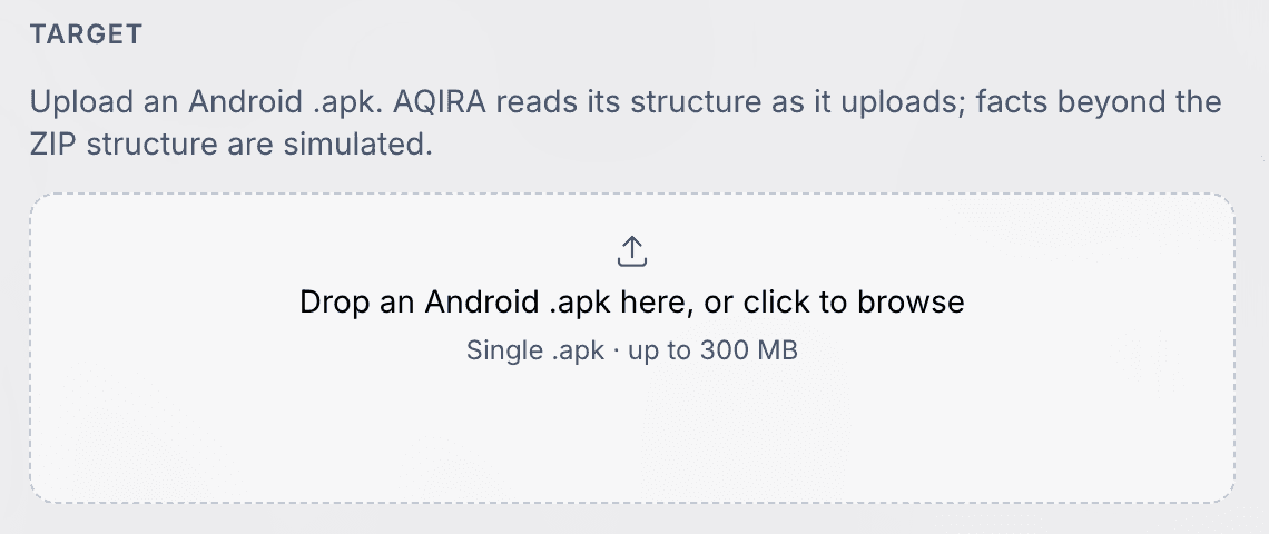 The Android package upload in AQIRA's New assessment dialog, which reads the package's structure as it uploads.