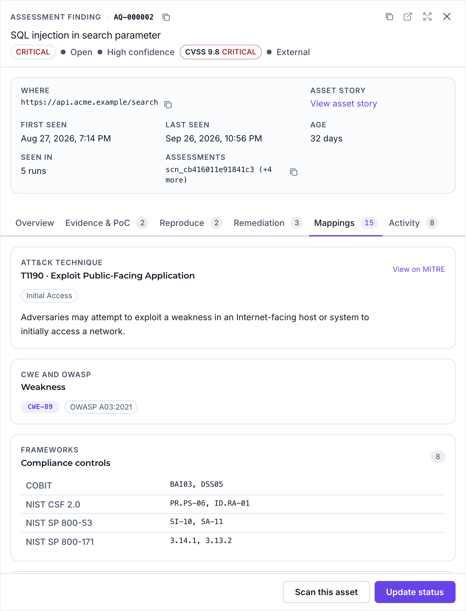 The Mappings tab of an AQIRA finding: ATT&CK technique T1190, weakness CWE-89 and OWASP A03:2021, and its controls in COBIT and NIST.