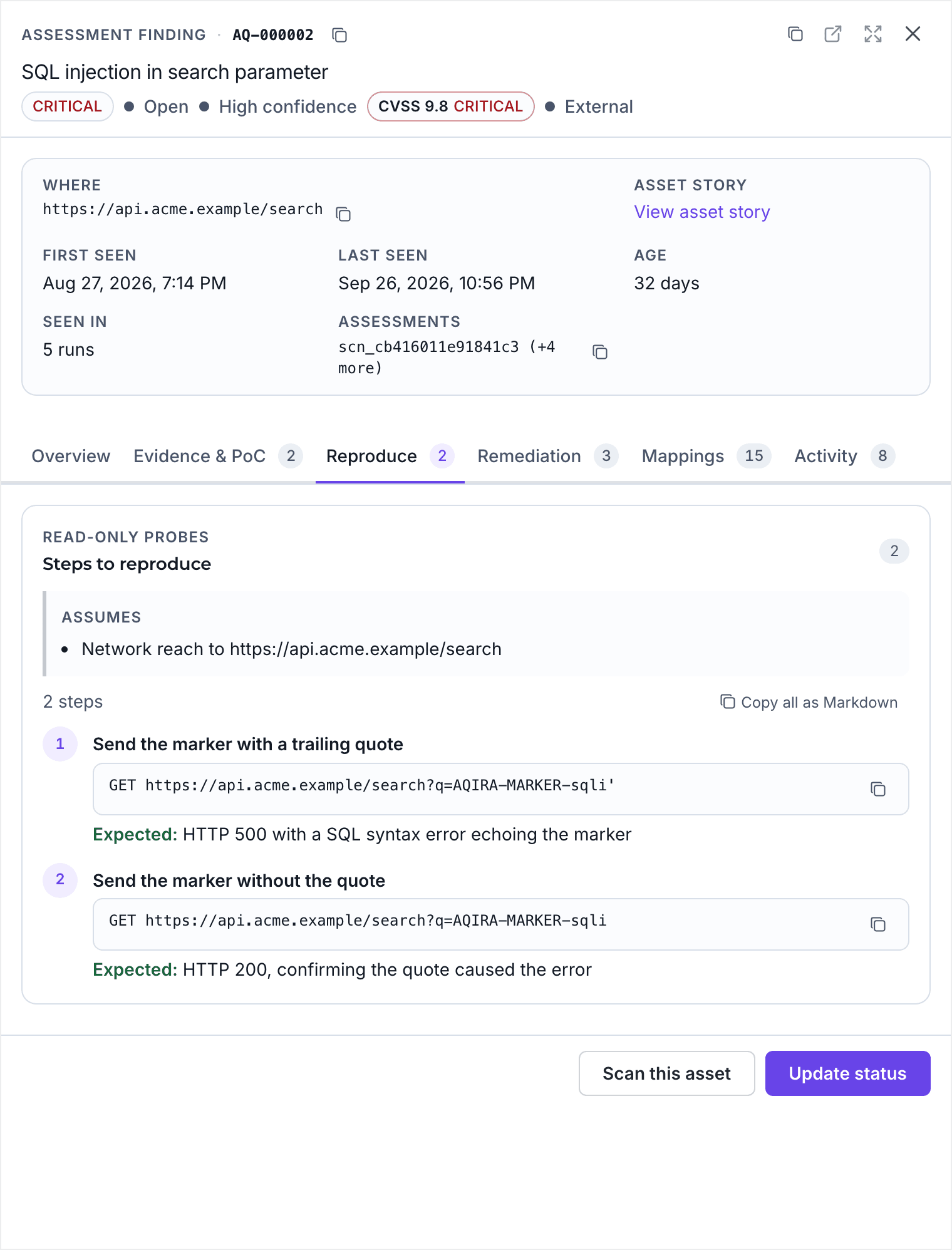 The Reproduce tab of an AQIRA finding: the precondition, then two read-only requests, each with the response to expect.