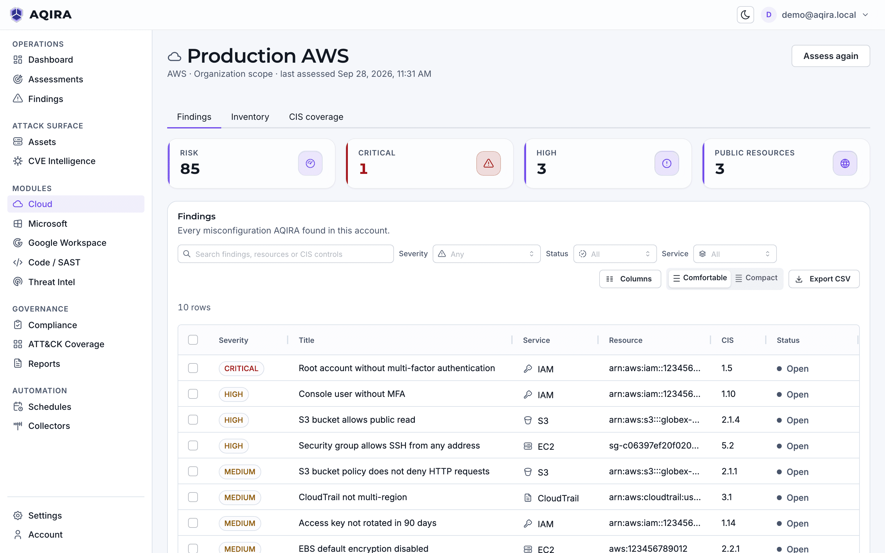 The AQIRA Cloud module for a production AWS account: risk, public resources and misconfiguration findings by service, with CIS coverage.