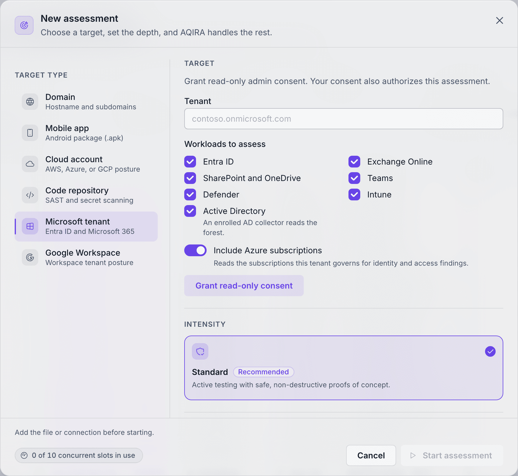 AQIRA's New assessment dialog with Microsoft tenant selected: the tenant, the workloads to assess from Entra ID to Intune, and a Grant read-only consent button.