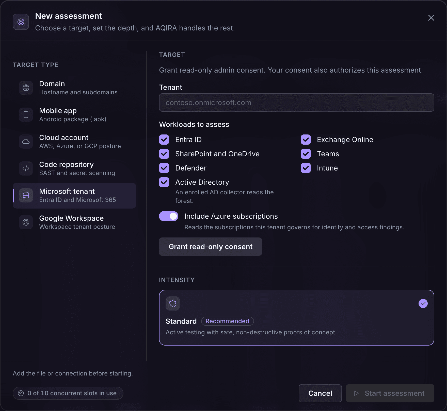 AQIRA's New assessment dialog with Microsoft tenant selected: the tenant, the workloads to assess from Entra ID to Intune, and a Grant read-only consent button.