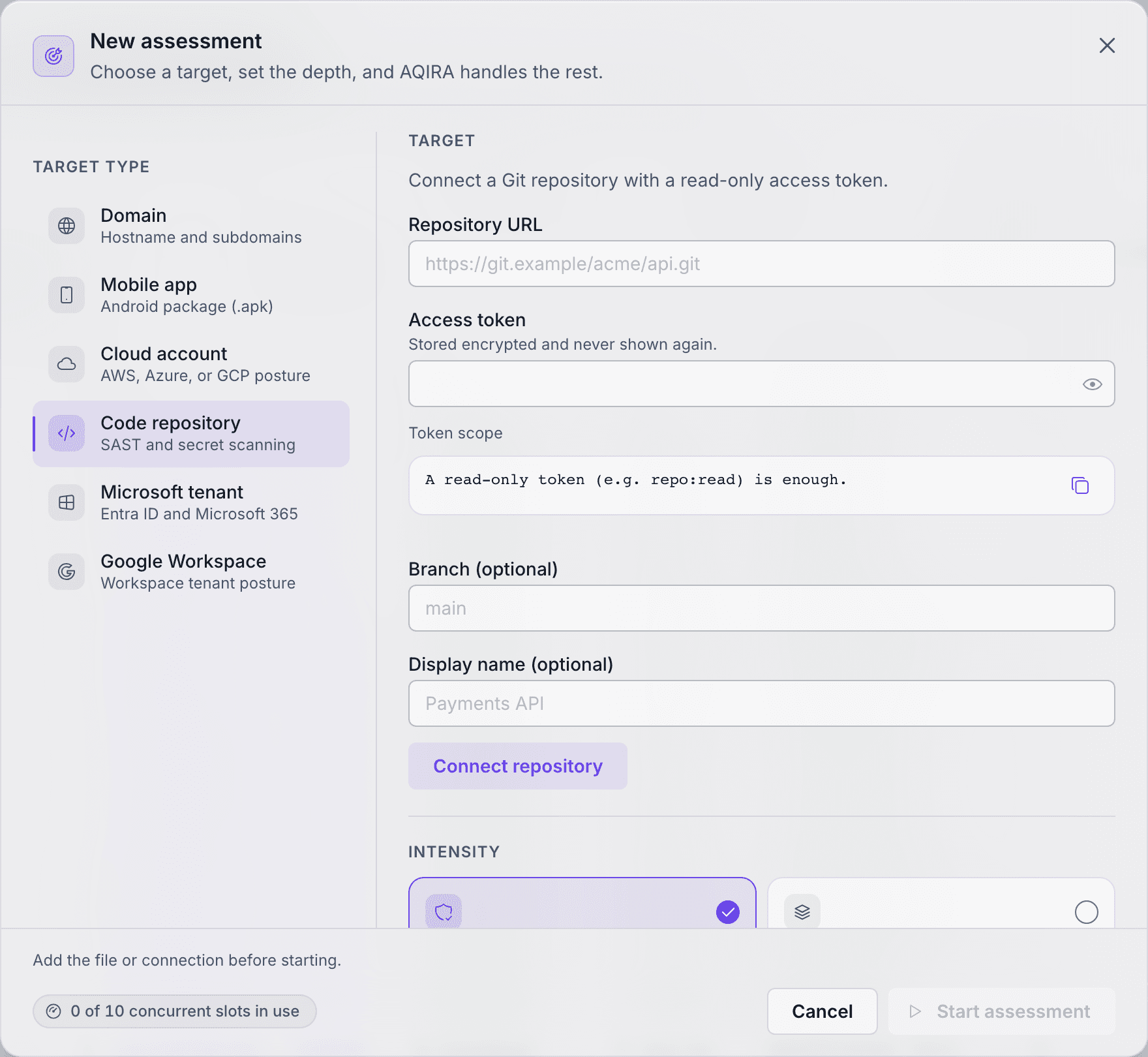 AQIRA's New assessment dialog with Code repository selected: the repository URL, a read-only access token, the branch and a Connect repository button.