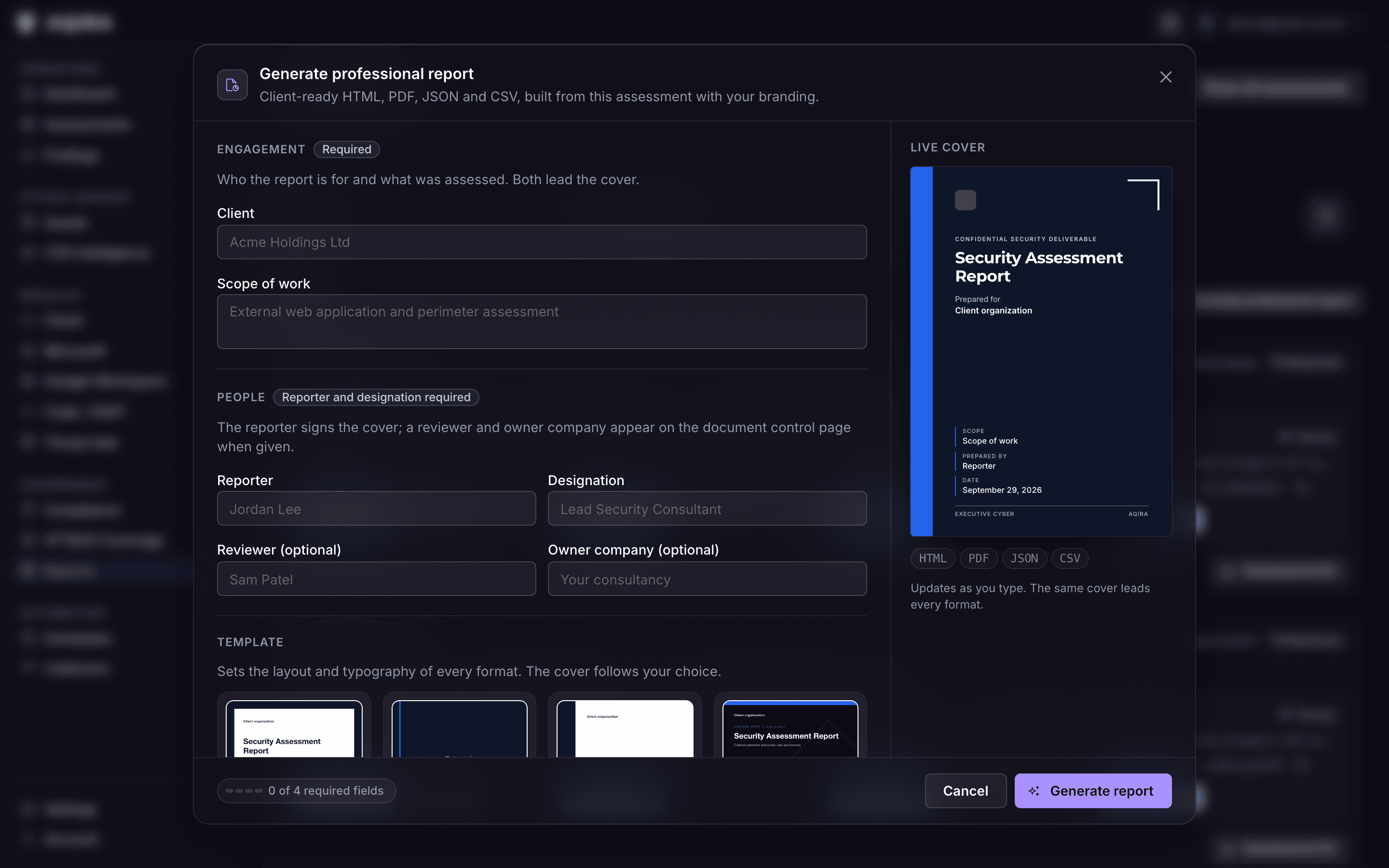 AQIRA's Generate professional report dialog: the client, scope, reporter and template fields beside a live preview of the cover.