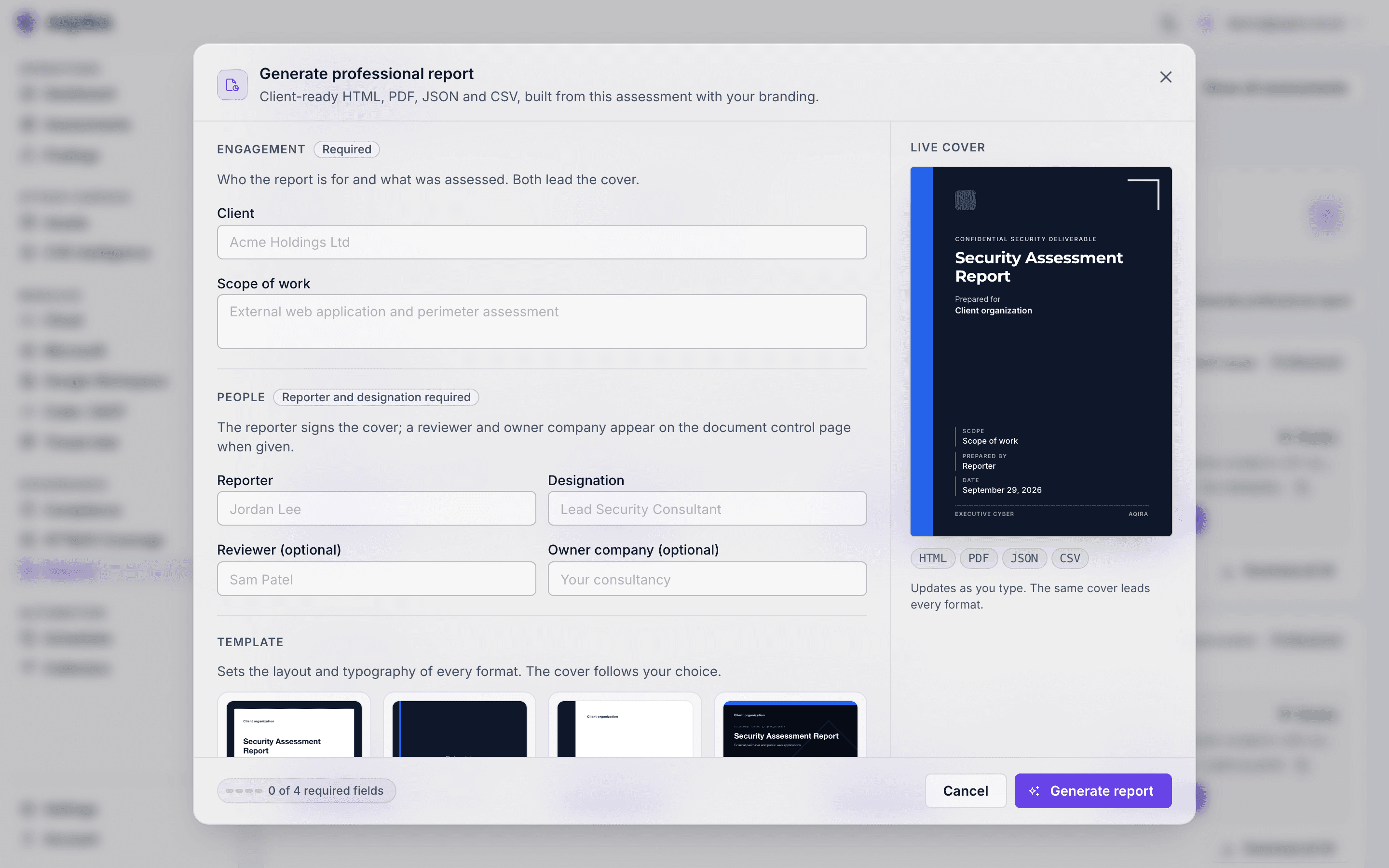 AQIRA's Generate professional report dialog: the client, scope, reporter and template fields beside a live preview of the cover.