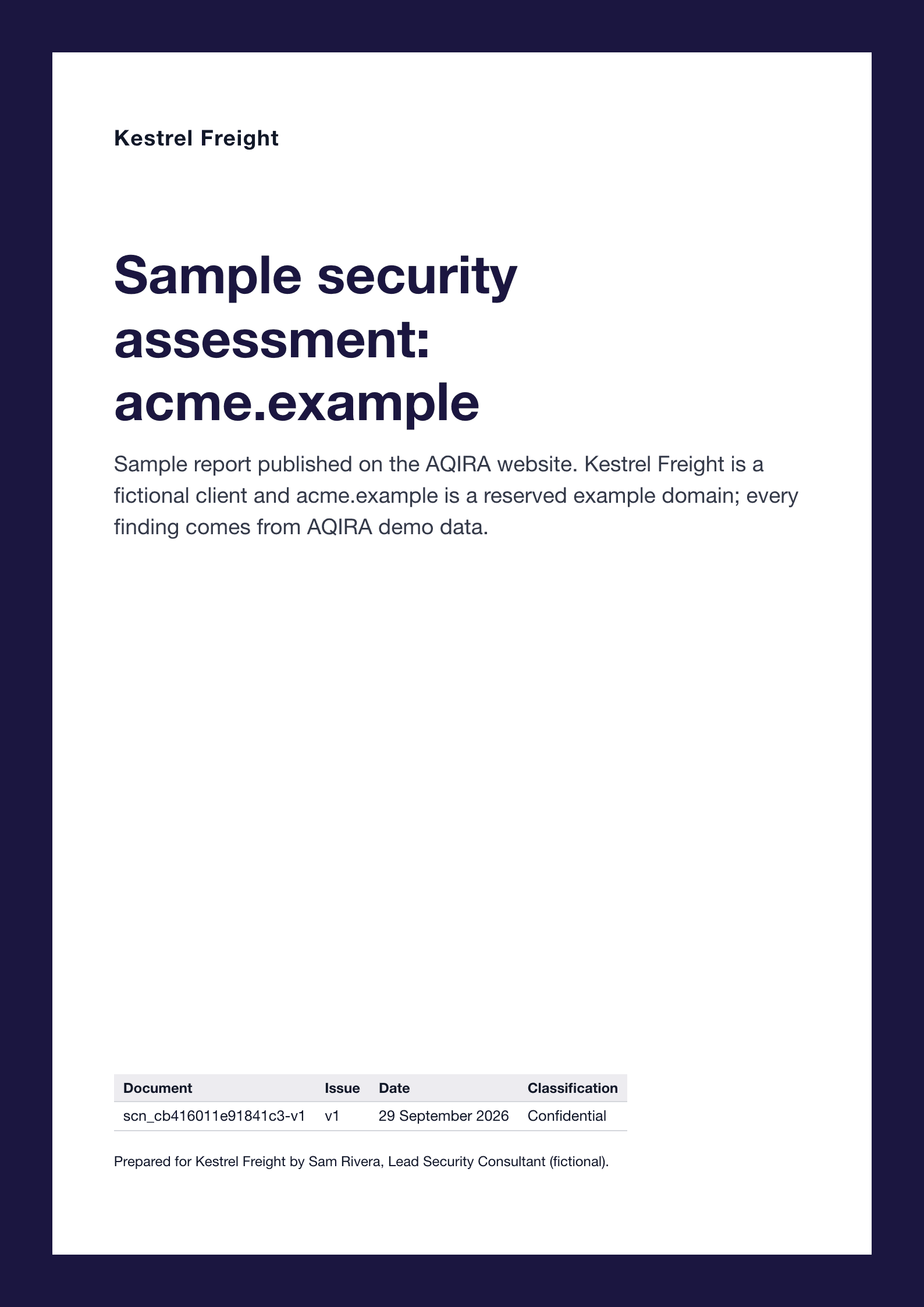 The cover of an AQIRA report in the Audit Compliance template: a framed page with the title, scope and document control table.
