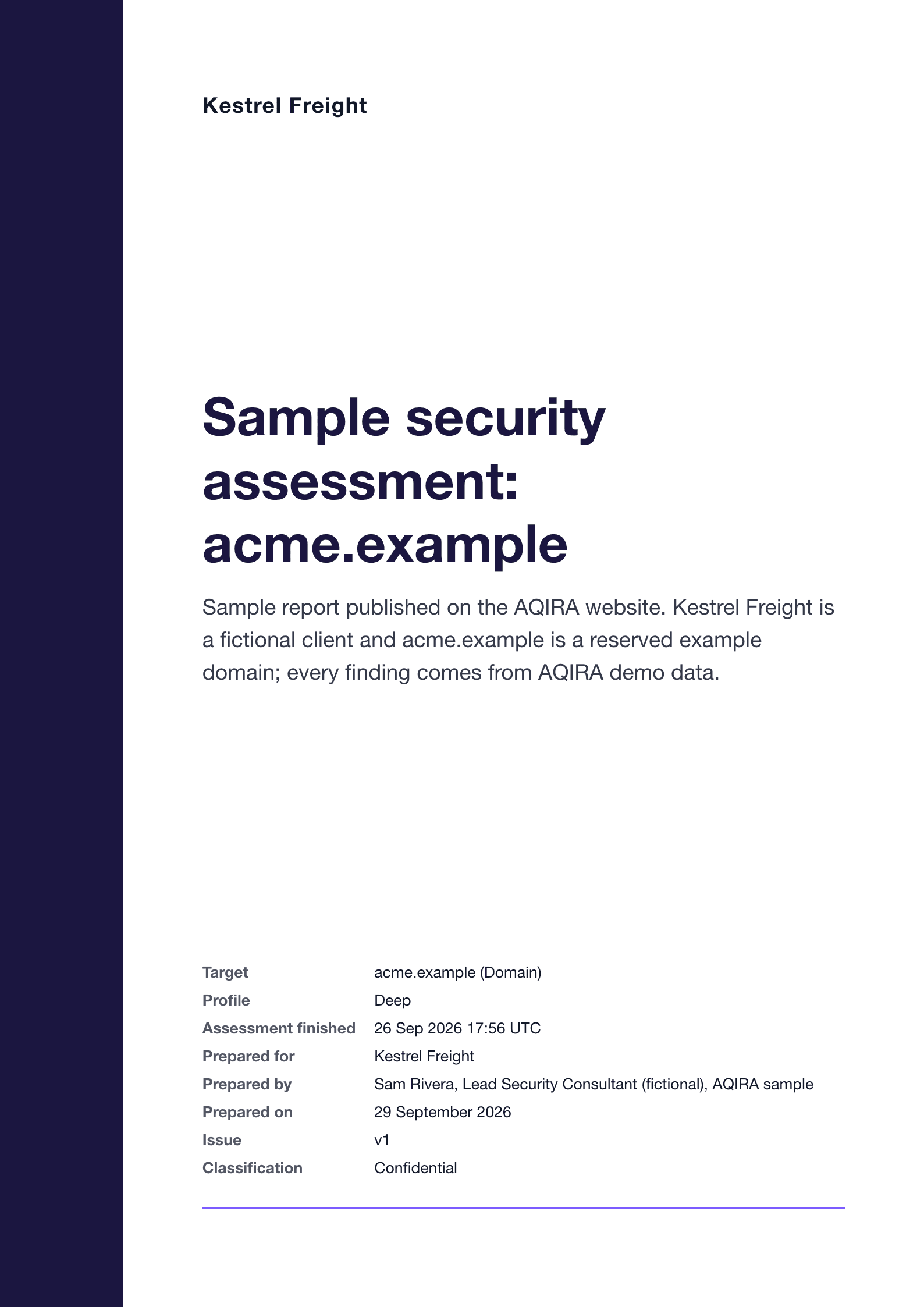 The cover of an AQIRA report in the Corporate Light template: a coloured band, the title and scope, and the document details.