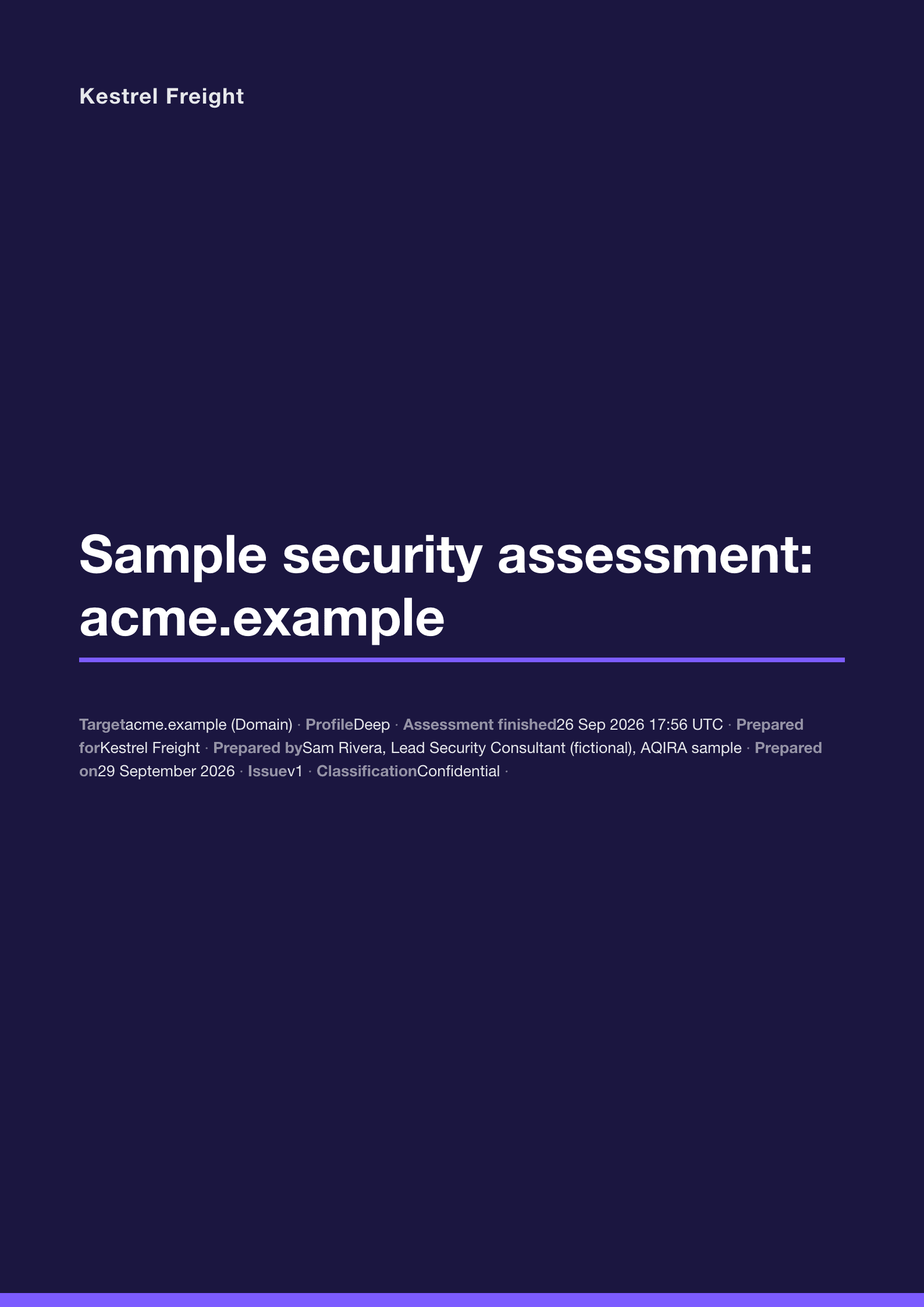 The cover of an AQIRA report in the Minimal Dark template: a charcoal page with the underlined title and one line of details.
