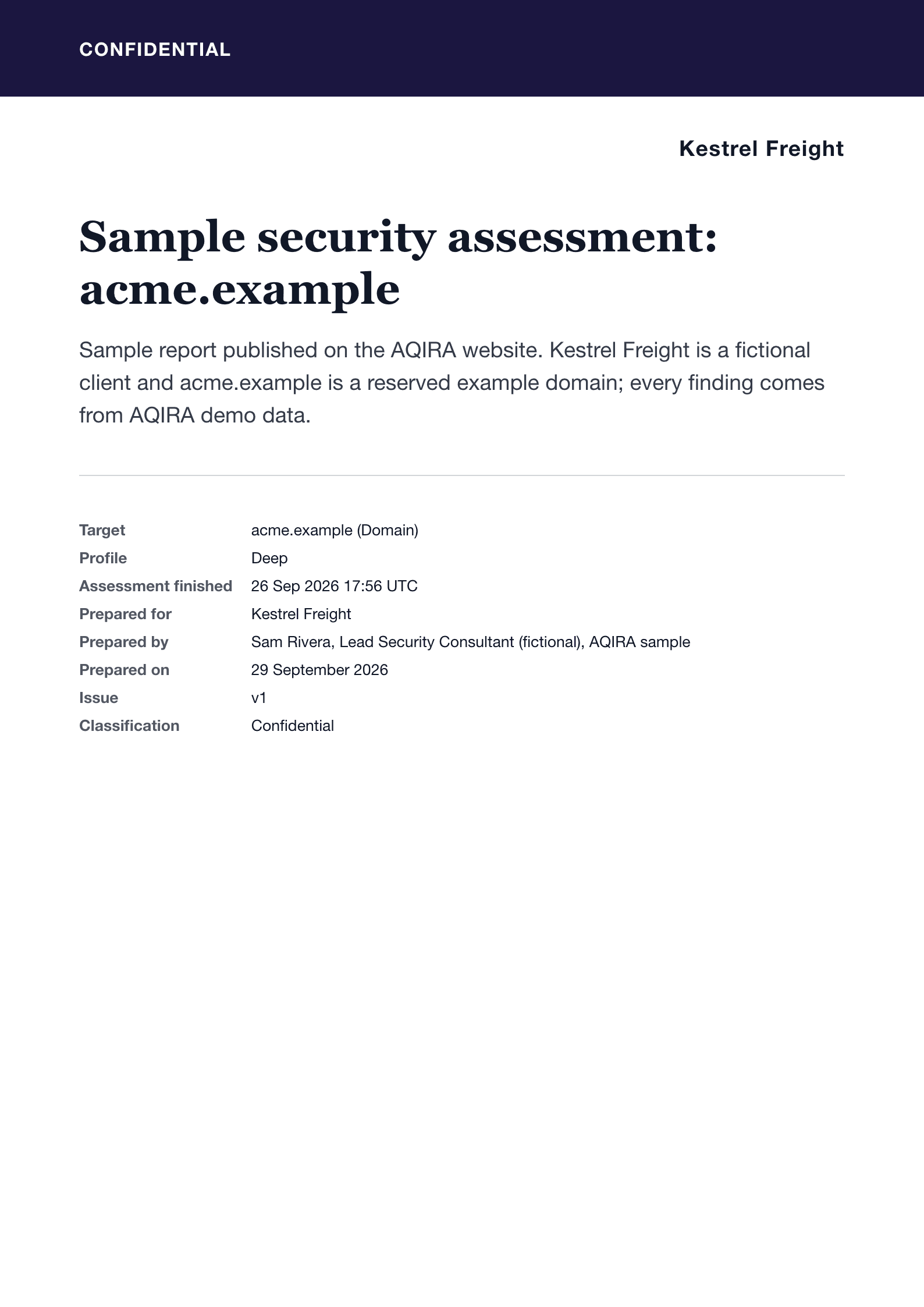 The cover of an AQIRA report in the Minimal Formal template: a confidential header bar and a serif title with the details.