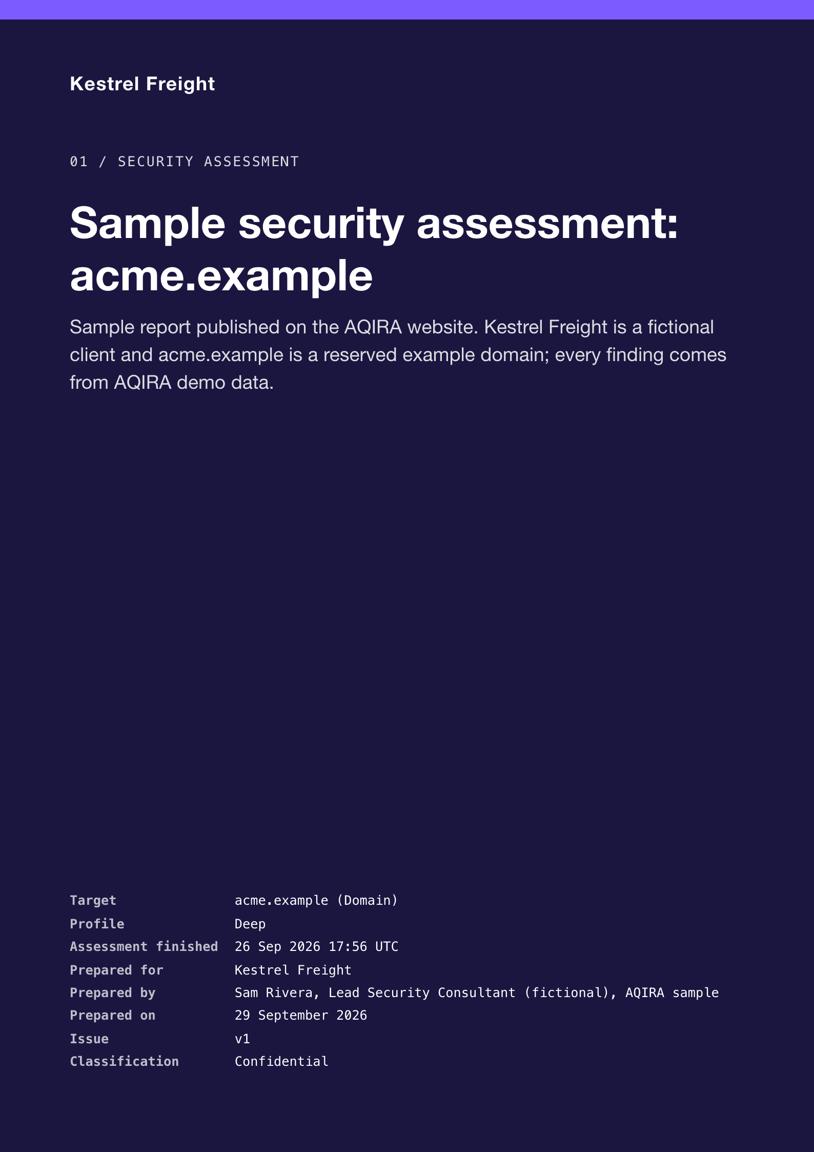 The cover of an AQIRA report in the Technical Deep Dive template: a monospace section code, the title, scope and details.