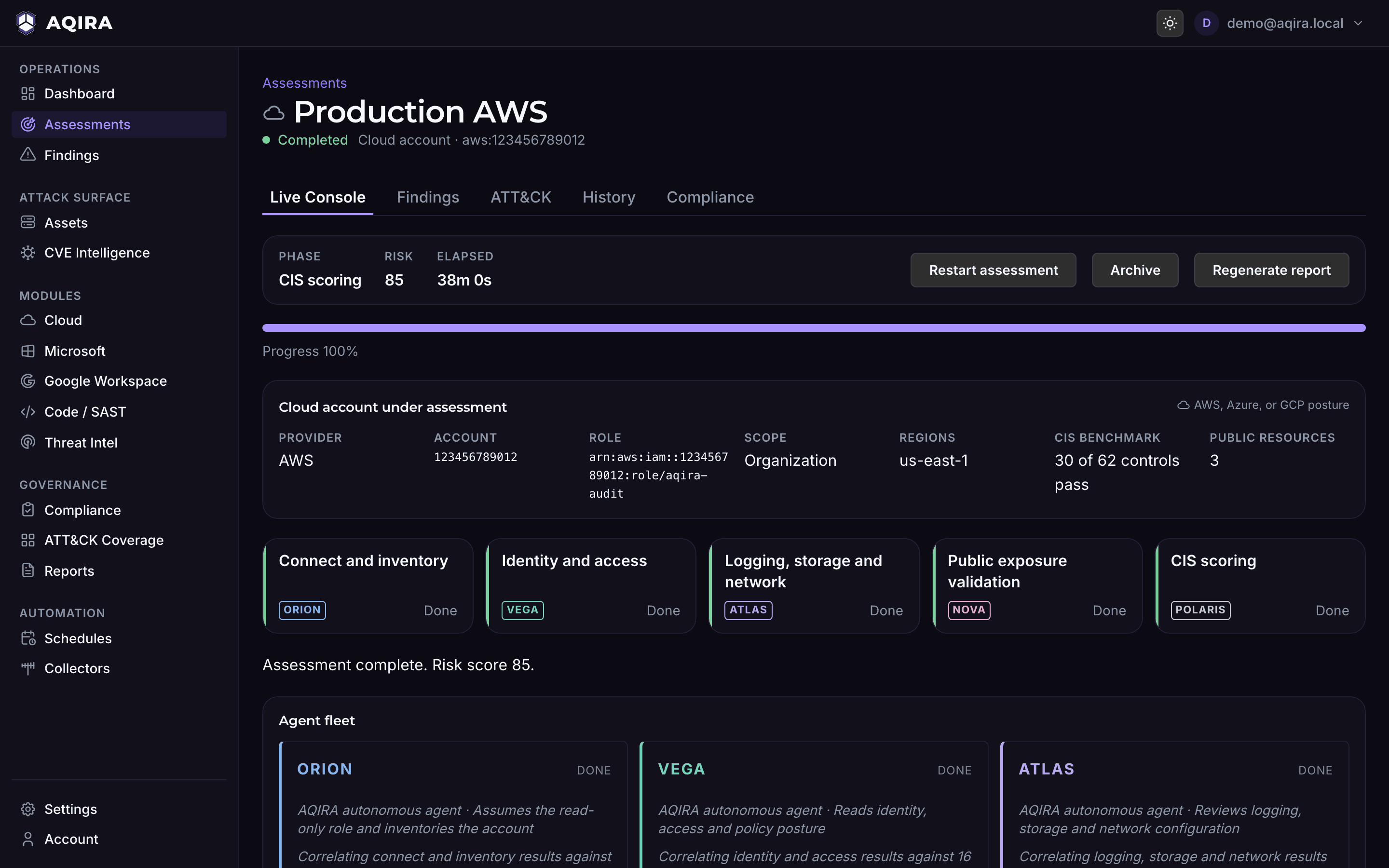 The AQIRA live console for a read-only assessment of a production AWS account: provider, account, audit role, region and CIS result, then the five phases from inventory to CIS scoring.
