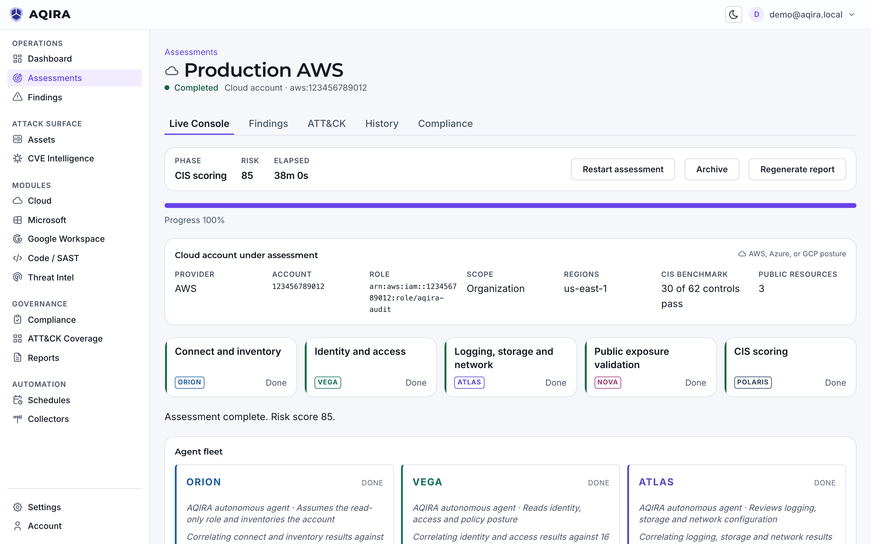 The AQIRA live console for a read-only assessment of a production AWS account: provider, account, audit role, region and CIS result, then the five phases from inventory to CIS scoring.