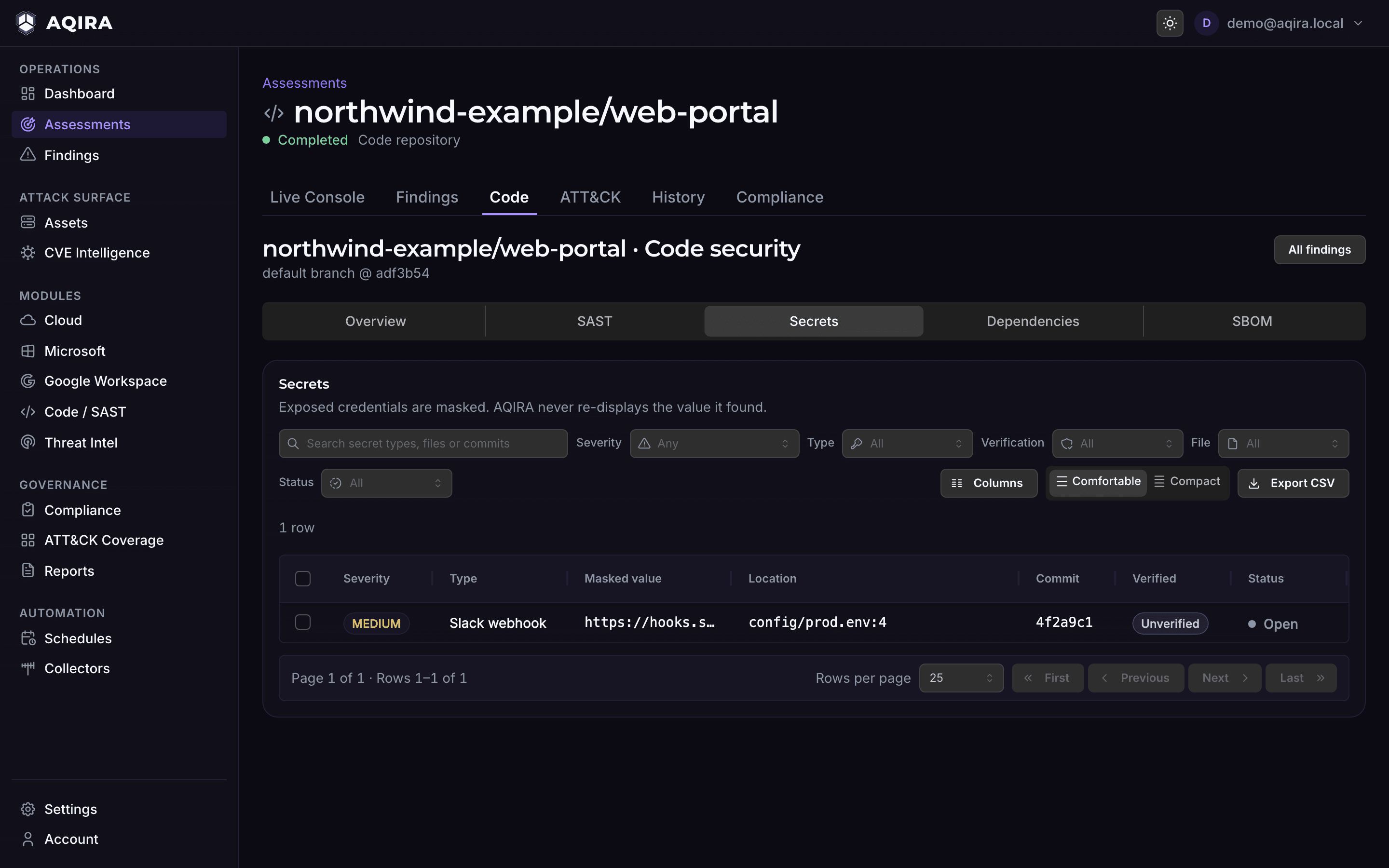 The Secrets view of AQIRA's code security screen for northwind-example/web-portal: a Slack webhook in config/prod.env, value masked, with its commit and verification status.