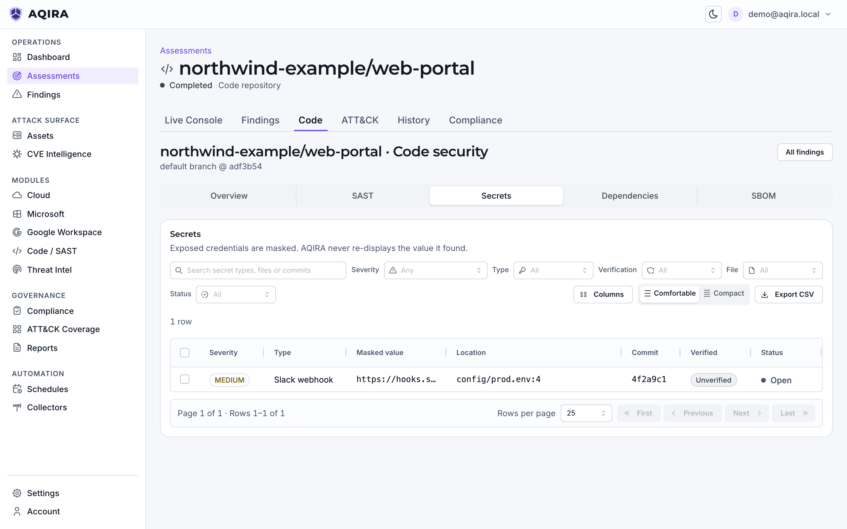 The Secrets view of AQIRA's code security screen for northwind-example/web-portal: a Slack webhook in config/prod.env, value masked, with its commit and verification status.
