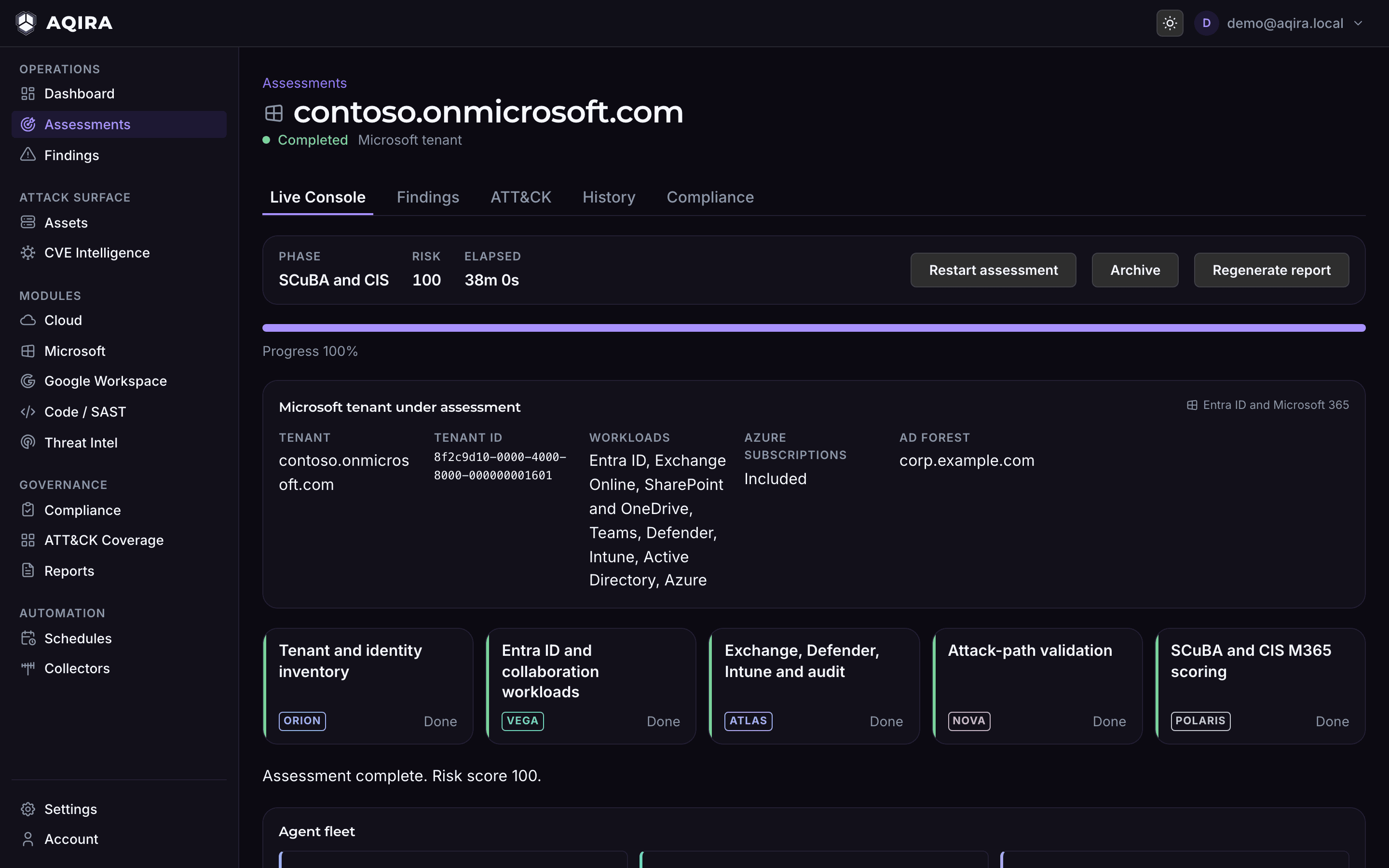 The AQIRA live console for the Microsoft tenant contoso.onmicrosoft.com: the workloads assessed, Entra ID to Active Directory, and the five phases from inventory to SCuBA and CIS scoring.
