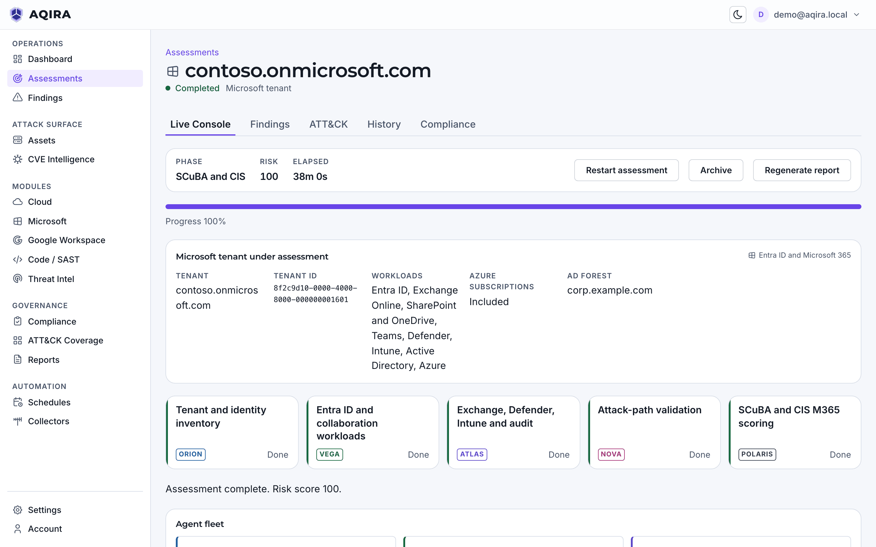 The AQIRA live console for the Microsoft tenant contoso.onmicrosoft.com: the workloads assessed, Entra ID to Active Directory, and the five phases from inventory to SCuBA and CIS scoring.