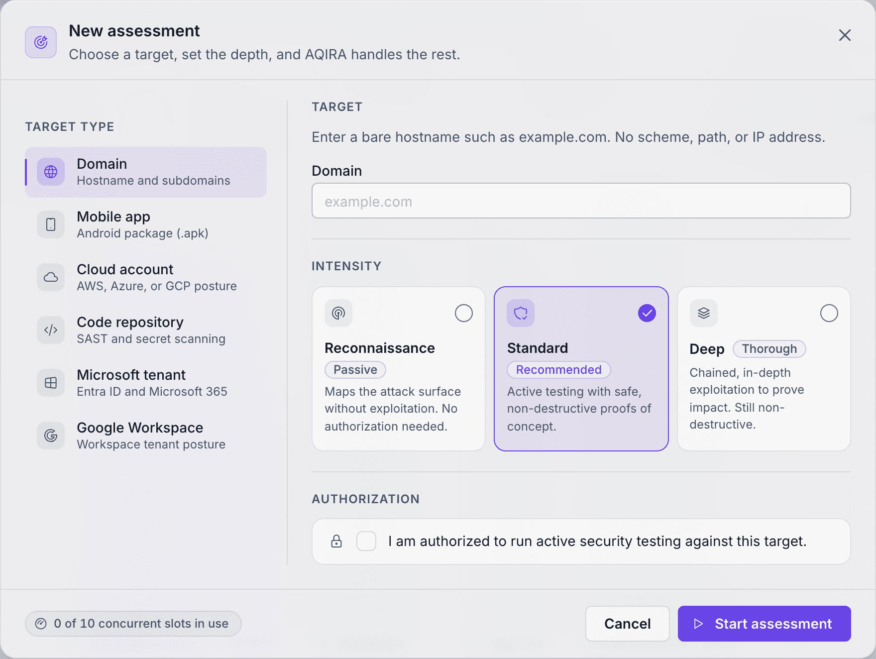 AQIRA's New assessment dialog with Domain selected: a hostname field, the three intensities from passive reconnaissance to deep, and the authorisation checkbox.