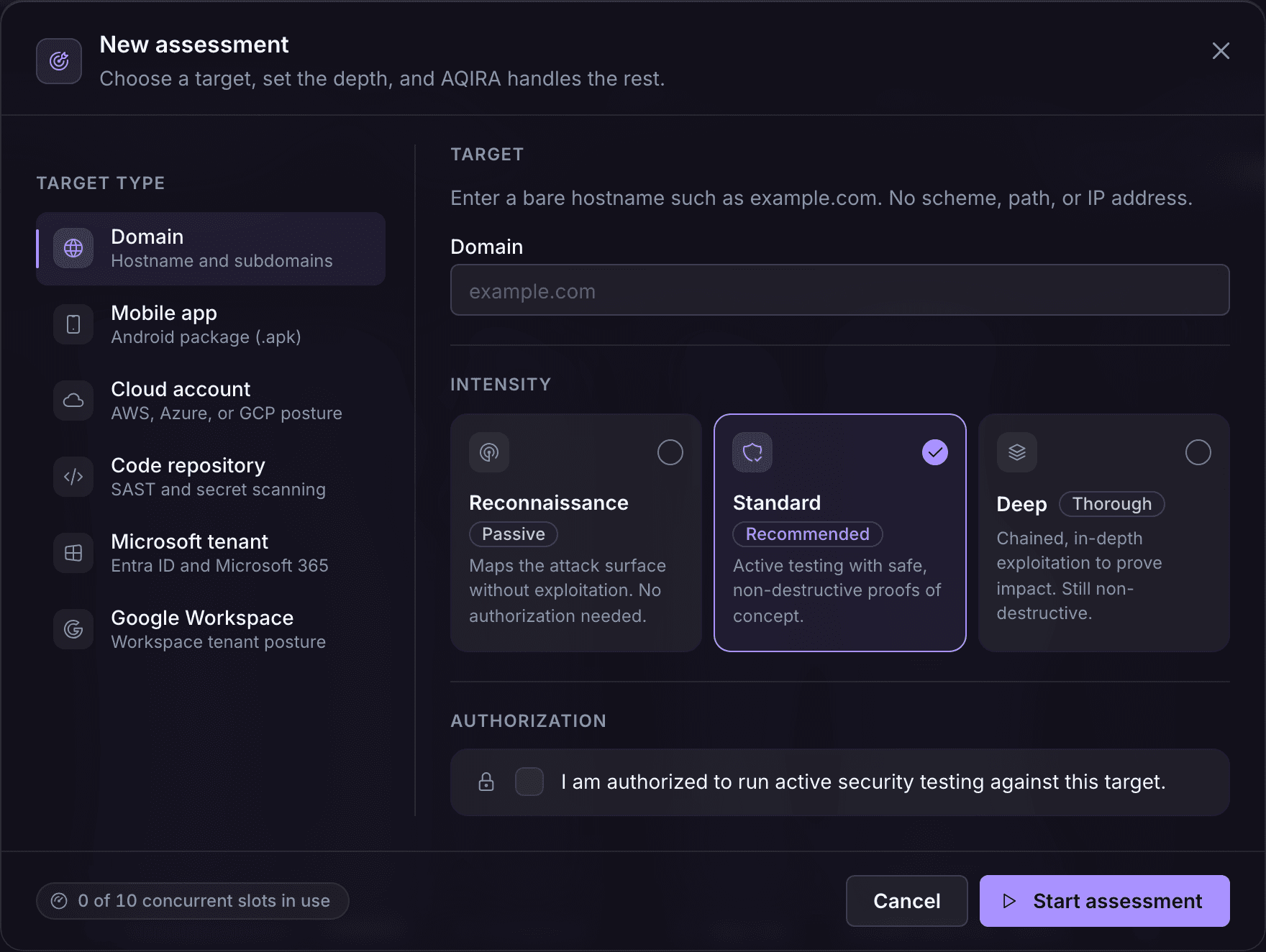 AQIRA's New assessment dialog with Domain selected: a hostname field, the three intensities from passive reconnaissance to deep, and the authorisation checkbox.
