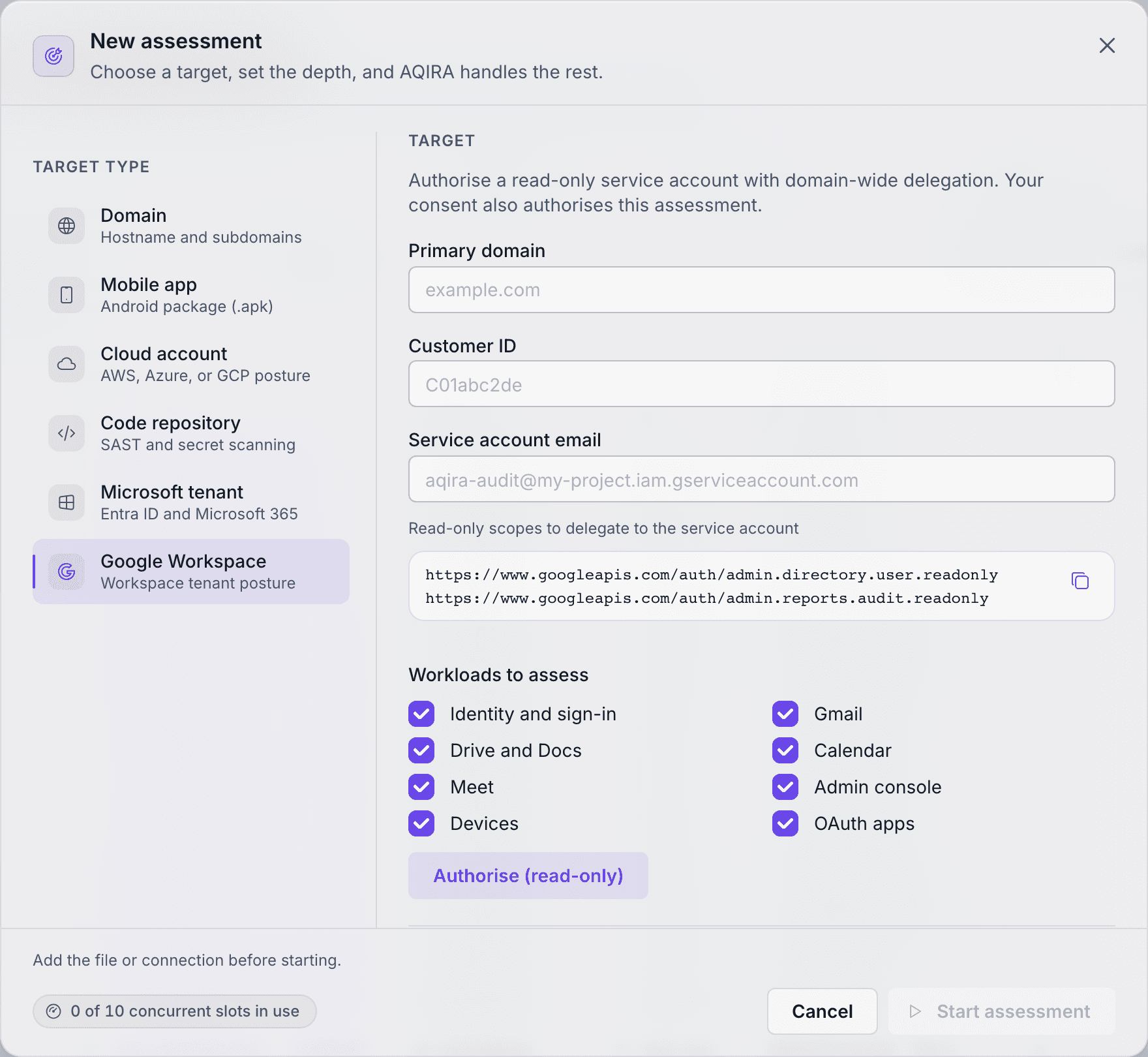 AQIRA's New assessment dialog with Google Workspace selected: the primary domain, customer ID, a read-only service account and the workloads to assess.
