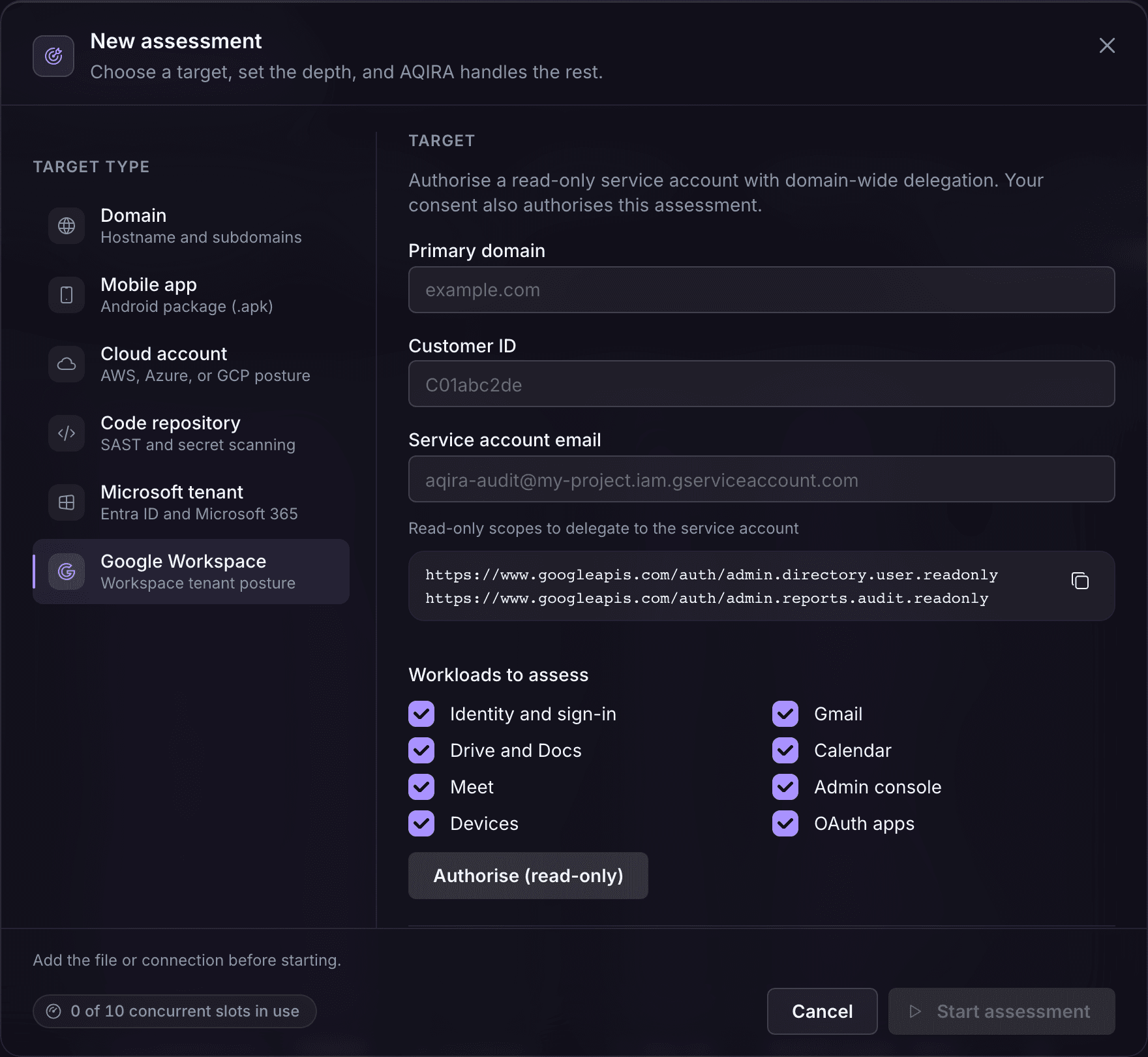 AQIRA's New assessment dialog with Google Workspace selected: the primary domain, customer ID, a read-only service account and the workloads to assess.