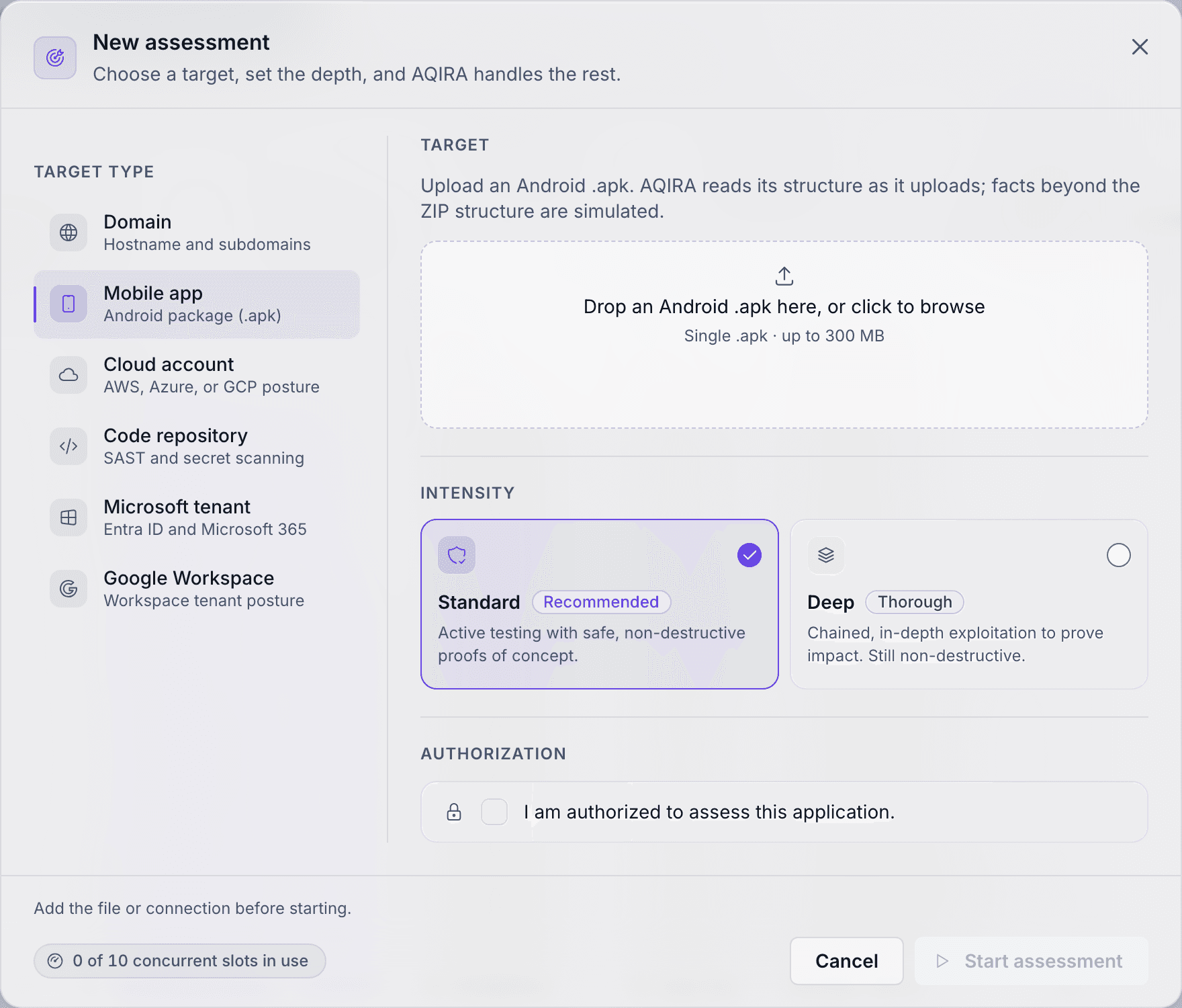 AQIRA's New assessment dialog with Mobile app selected: a drop zone for an Android .apk, the intensity choice and the authorisation checkbox.