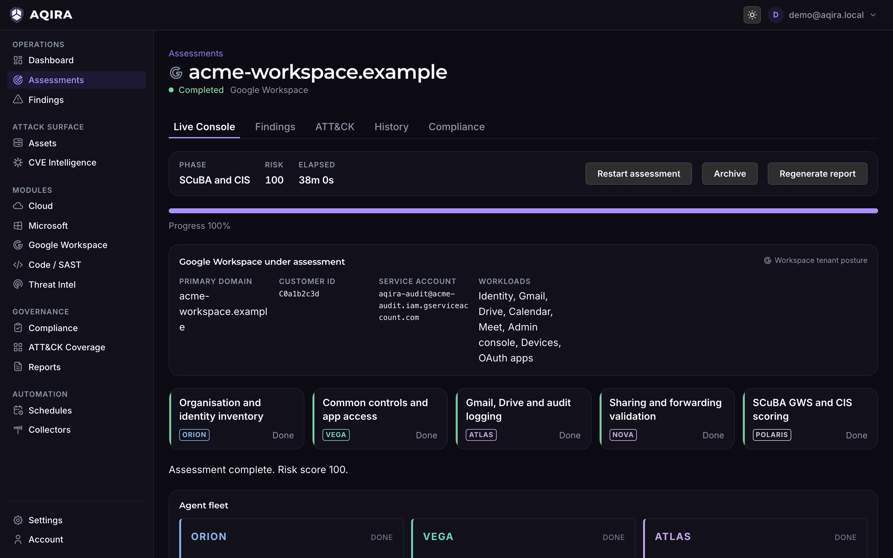 The AQIRA live console for the Google Workspace tenant acme-workspace.example: the service account and the workloads assessed, and the five phases from inventory to SCuBA and CIS scoring.