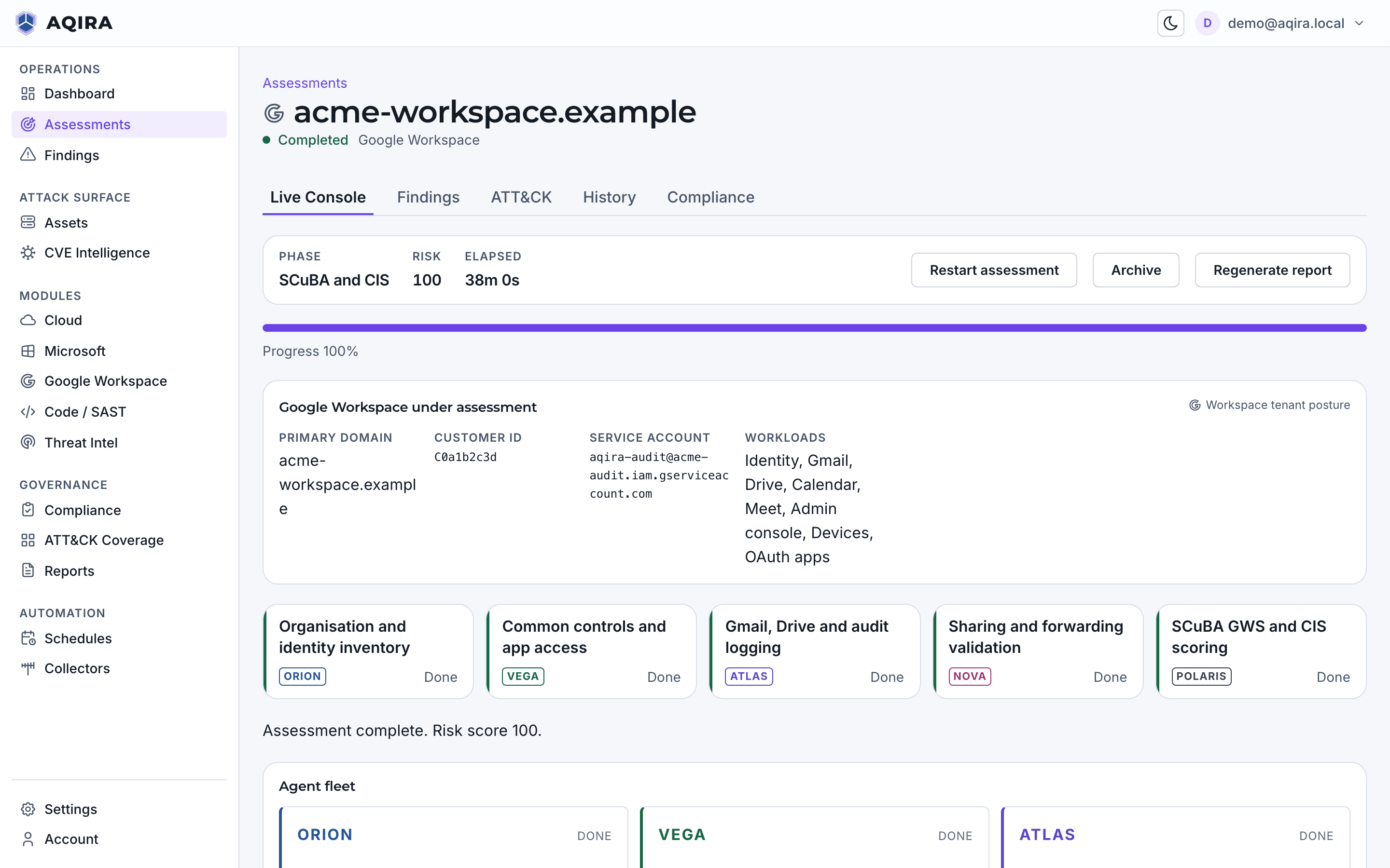 The AQIRA live console for the Google Workspace tenant acme-workspace.example: the service account and the workloads assessed, and the five phases from inventory to SCuBA and CIS scoring.