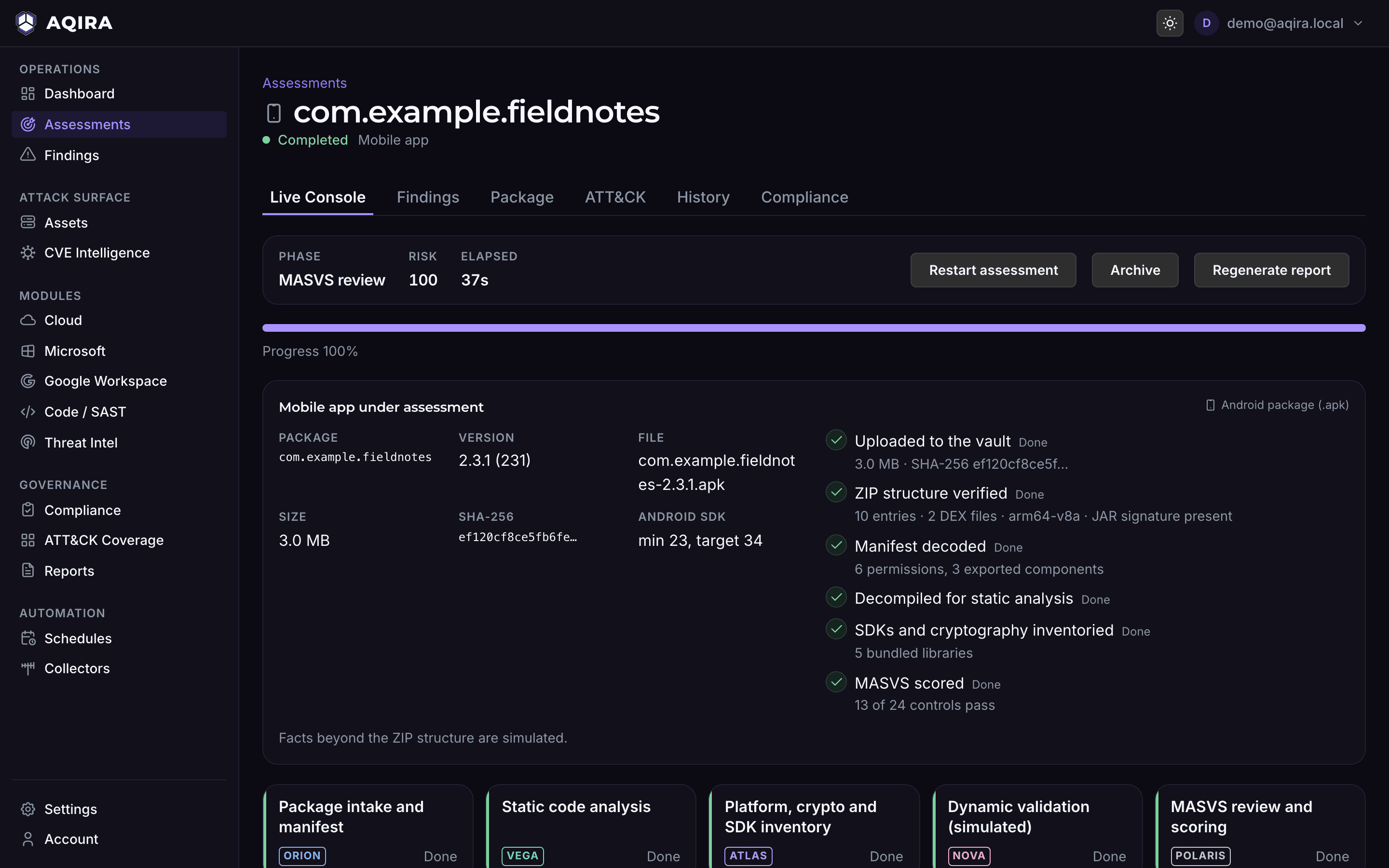 The AQIRA live console for the Android app com.example.fieldnotes: package brief with version, size, SHA-256 and SDK levels, intake steps from upload to MASVS scoring, and the five phases.
